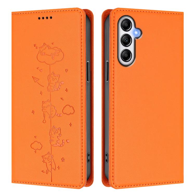 For Samsung Galaxy A25 5G Global Cute Cats Embossed Magnetic RFID Vegan Leather Phone Case