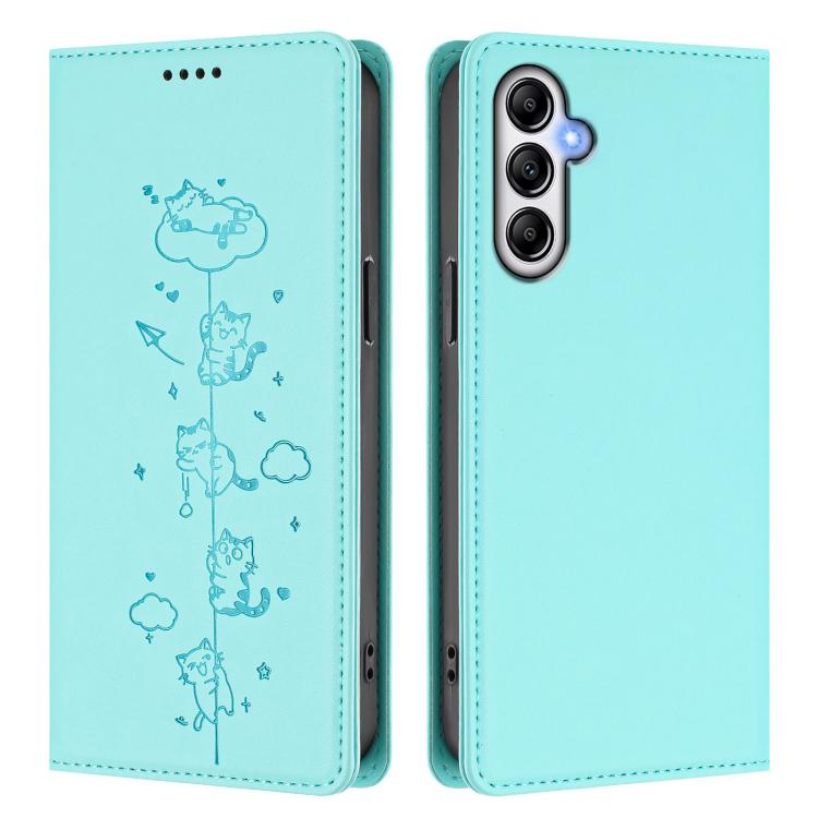 For Samsung Galaxy A24 4G Cute Cats Embossed Magnetic RFID Vegan Leather Phone Case