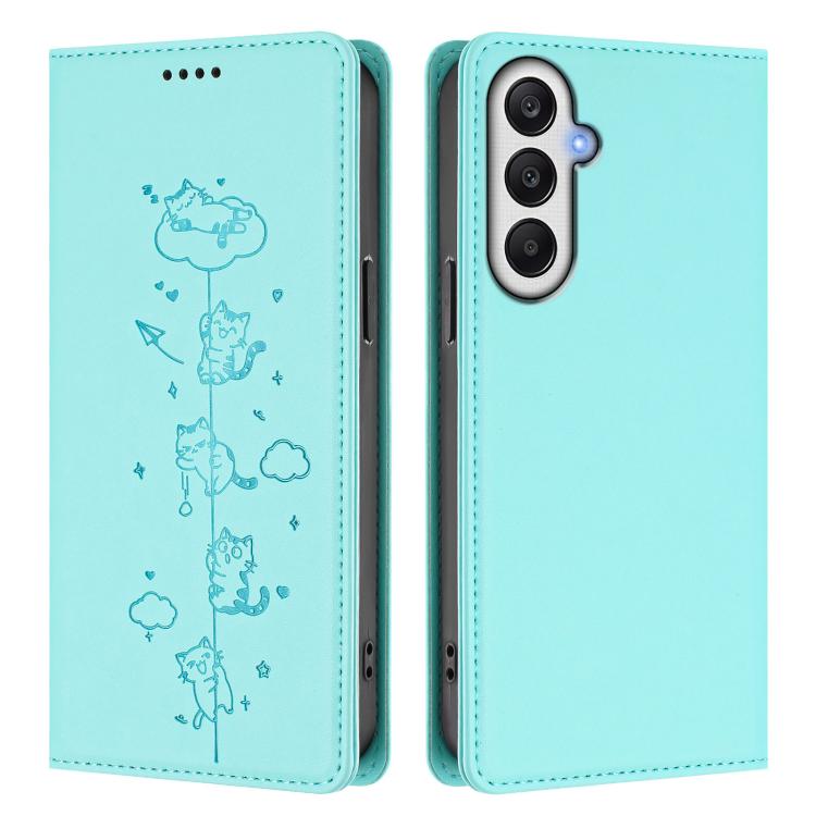 For Samsung Galaxy A05s 4G / F14 4G Cute Cats Embossed Magnetic RFID Vegan Leather Phone Case