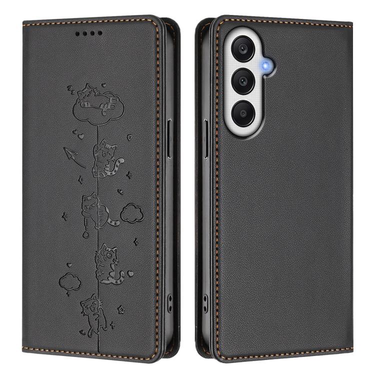 For Samsung Galaxy A05s 4G / F14 4G Cute Cats Embossed Magnetic RFID Vegan Leather Phone Case