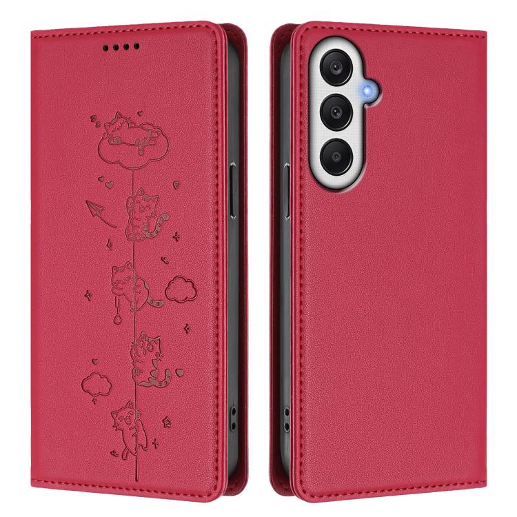 For Samsung Galaxy A05s 4G / F14 4G Cute Cats Embossed Magnetic RFID Vegan Leather Phone Case