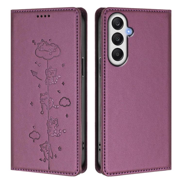 For Samsung Galaxy A05s 4G / F14 4G Cute Cats Embossed Magnetic RFID Vegan Leather Phone Case