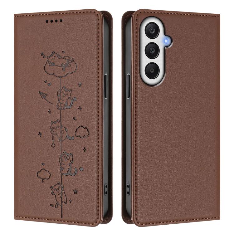 For Samsung Galaxy A05s 4G / F14 4G Cute Cats Embossed Magnetic RFID Vegan Leather Phone Case