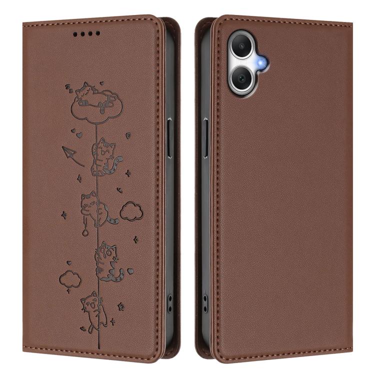 For Samsung Galaxy A06 4G / 5G Cute Cats Embossed Magnetic RFID Vegan Leather Phone Case