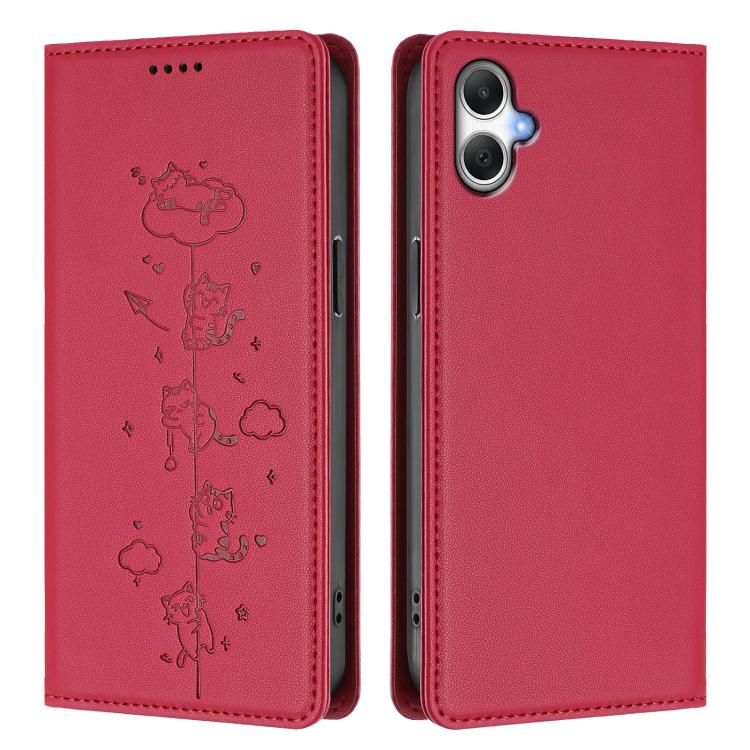 For Samsung Galaxy A07 4G Cute Cats Embossed Magnetic RFID Vegan Leather Phone Case