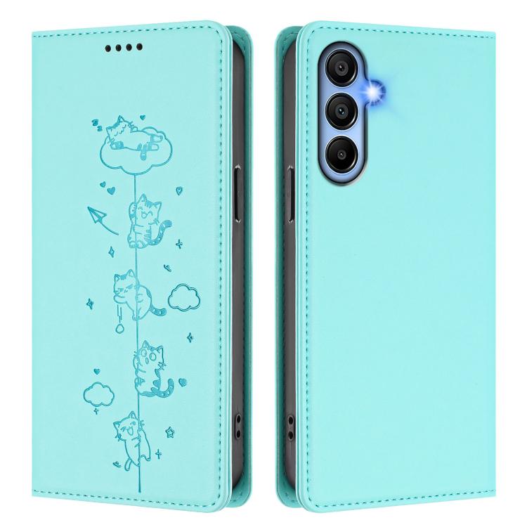 For Samsung Galaxy A15 4G / 5G Cute Cats Embossed Magnetic RFID Vegan Leather Phone Case