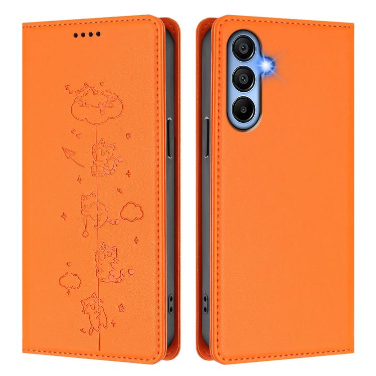 For Samsung Galaxy A15 4G / 5G Cute Cats Embossed Magnetic RFID Vegan Leather Phone Case