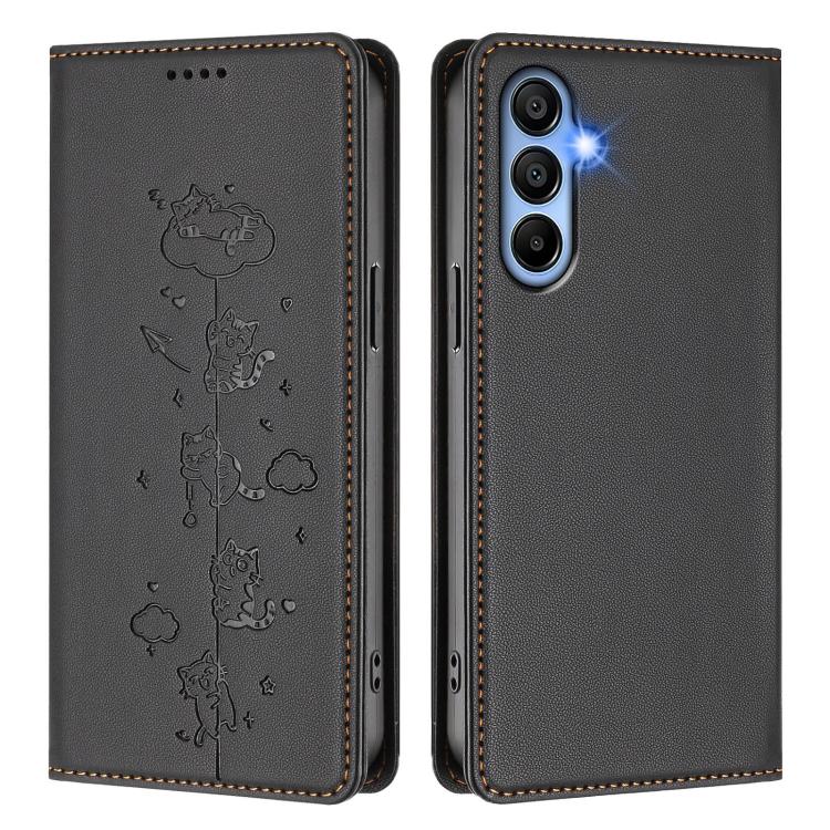 For Samsung Galaxy A15 4G / 5G Cute Cats Embossed Magnetic RFID Vegan Leather Phone Case