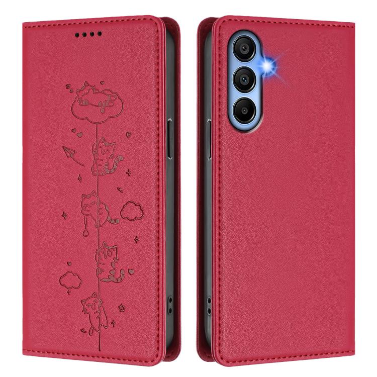For Samsung Galaxy A15 4G / 5G Cute Cats Embossed Magnetic RFID Vegan Leather Phone Case