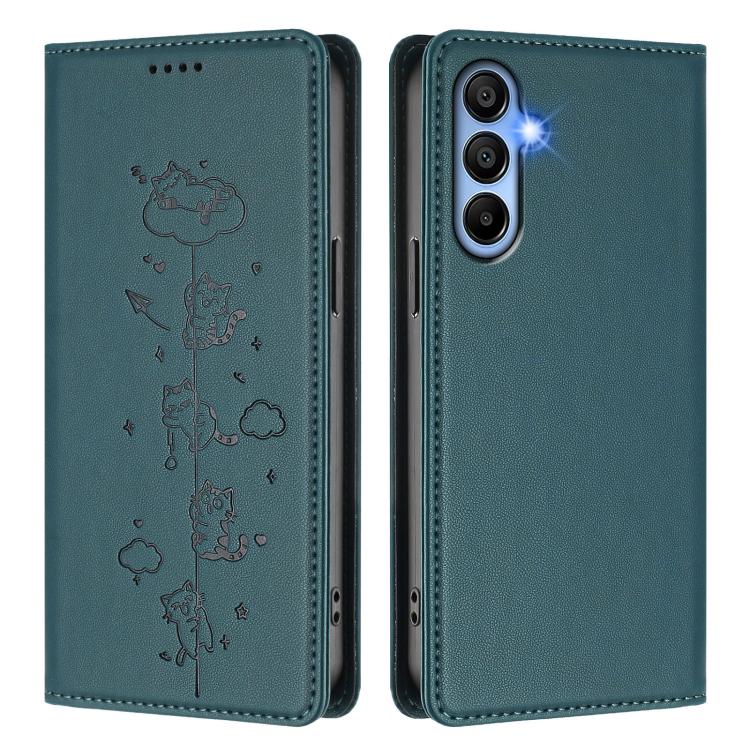 For Samsung Galaxy A15 4G / 5G Cute Cats Embossed Magnetic RFID Vegan Leather Phone Case
