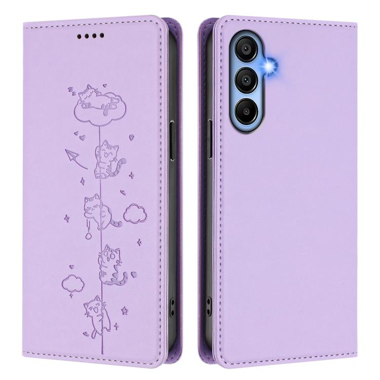For Samsung Galaxy A15 4G / 5G Cute Cats Embossed Magnetic RFID Vegan Leather Phone Case