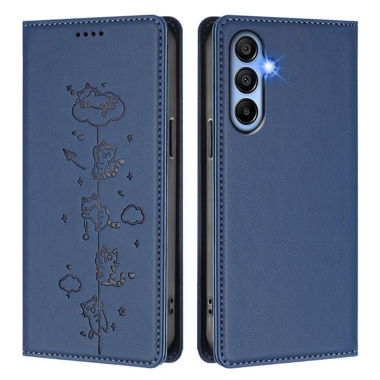 For Samsung Galaxy A15 4G / 5G Cute Cats Embossed Magnetic RFID Vegan Leather Phone Case