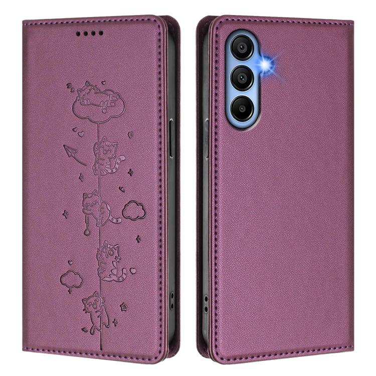 For Samsung Galaxy A15 4G / 5G Cute Cats Embossed Magnetic RFID Vegan Leather Phone Case