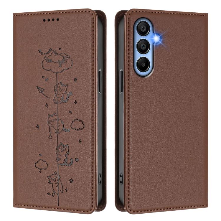 For Samsung Galaxy A15 4G / 5G Cute Cats Embossed Magnetic RFID Vegan Leather Phone Case