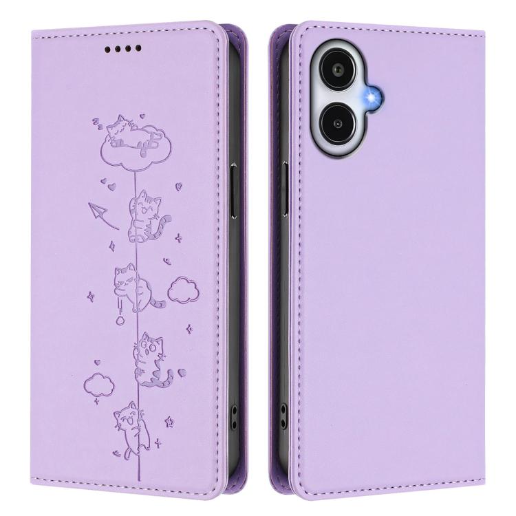 For Samsung Galaxy A25e 5G / A25 JP Cute Cats Embossed Magnetic RFID Vegan Leather Phone Case