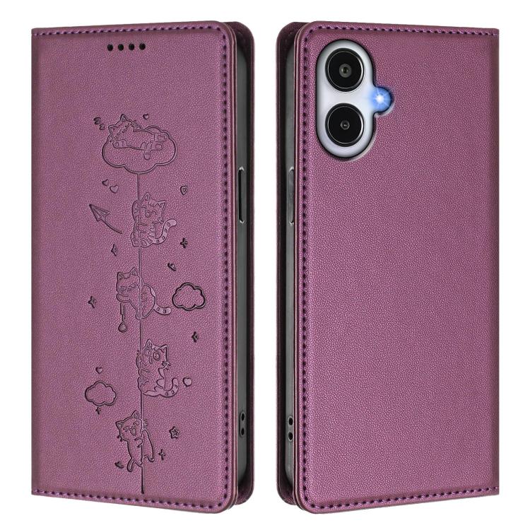For Samsung Galaxy A25e 5G / A25 JP Cute Cats Embossed Magnetic RFID Vegan Leather Phone Case