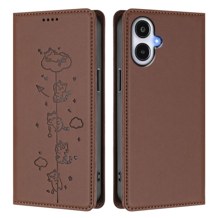For Samsung Galaxy A25e 5G / A25 JP Cute Cats Embossed Magnetic RFID Vegan Leather Phone Case