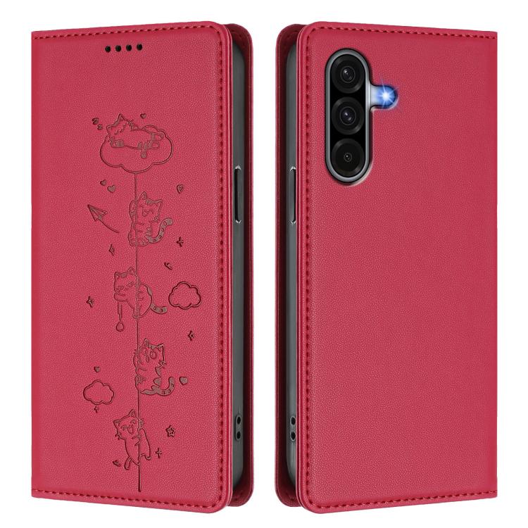 For Samsung Galaxy A36 5G Cute Cats Embossed Magnetic RFID Vegan Leather Phone Case
