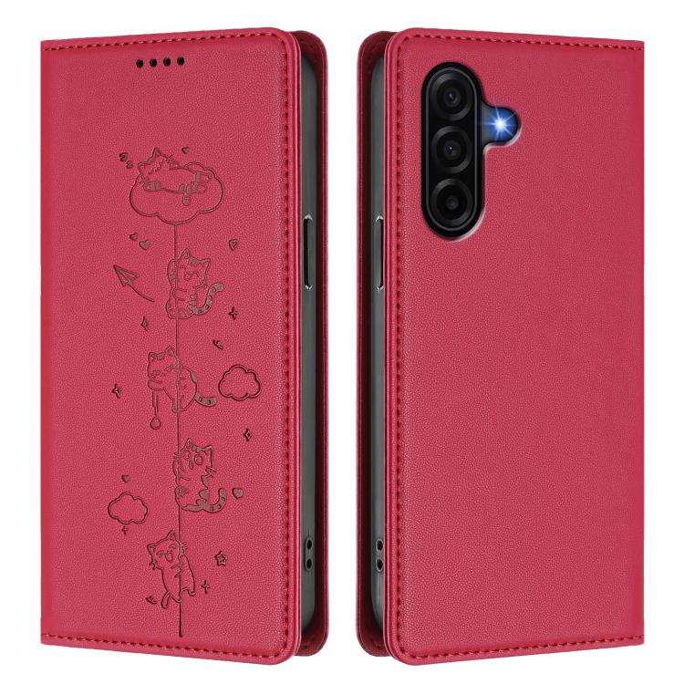 For Samsung Galaxy A37 5G Cute Cats Embossed Magnetic RFID Vegan Leather Phone Case