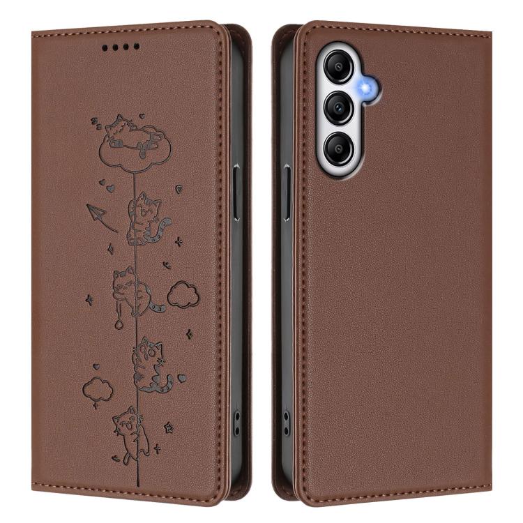 For Samsung Galaxy A54 5G Cute Cats Embossed Magnetic RFID Vegan Leather Phone Case