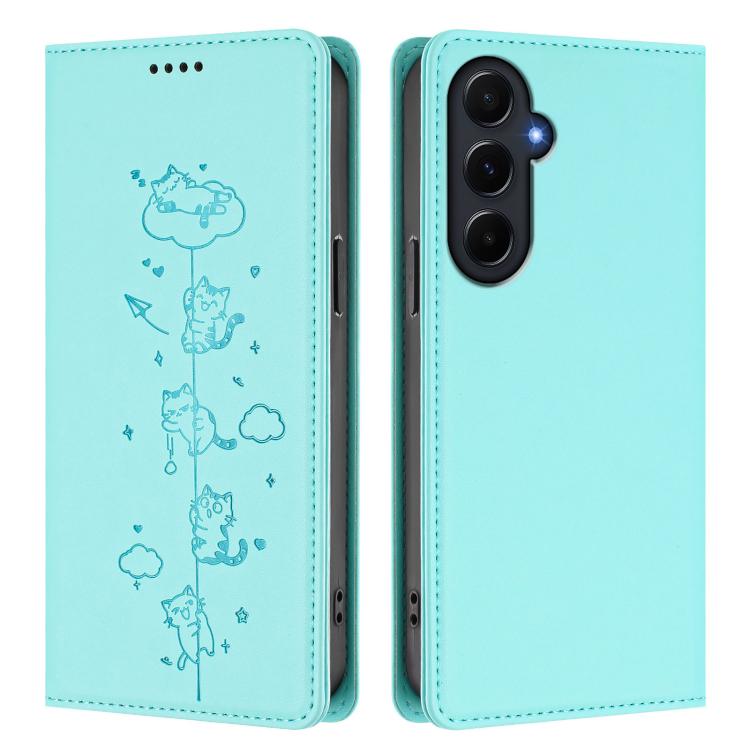 For Samsung Galaxy A55 5G Cute Cats Embossed Magnetic RFID Vegan Leather Phone Case