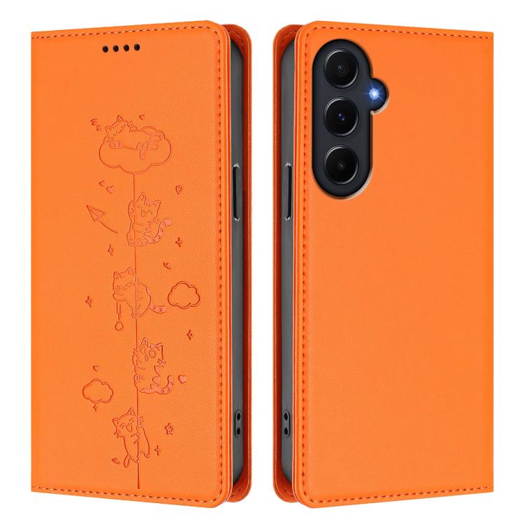 For Samsung Galaxy A55 5G Cute Cats Embossed Magnetic RFID Vegan Leather Phone Case