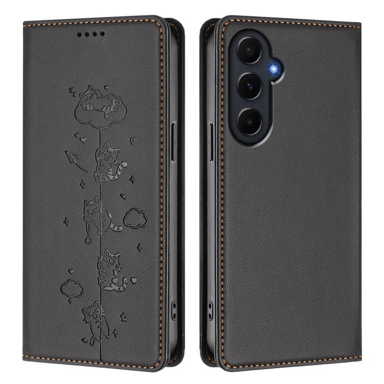 For Samsung Galaxy A55 5G Cute Cats Embossed Magnetic RFID Vegan Leather Phone Case