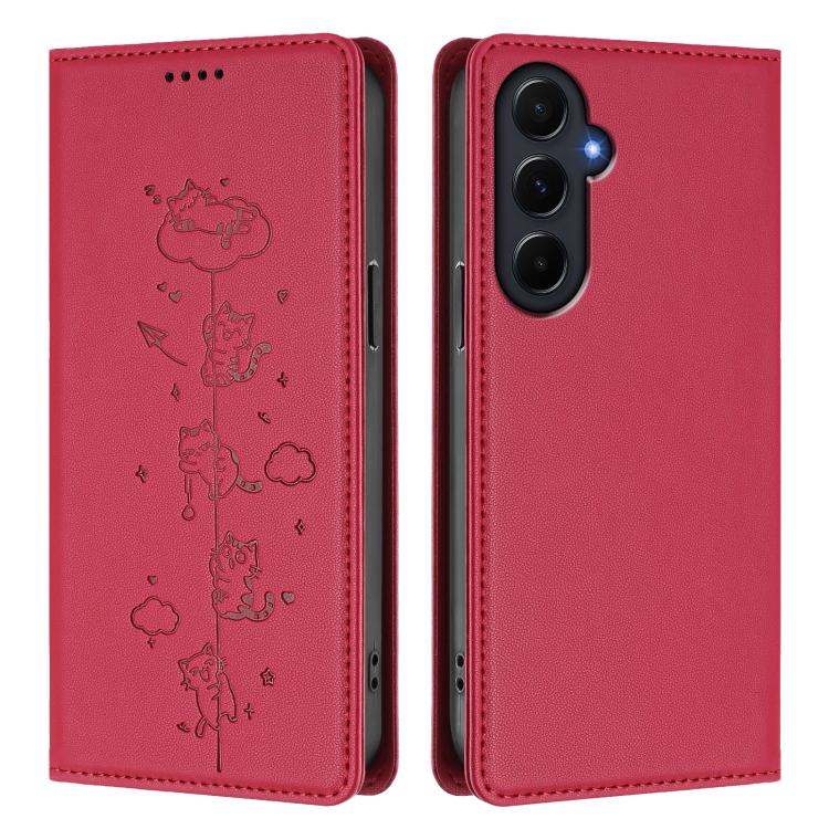 For Samsung Galaxy A55 5G Cute Cats Embossed Magnetic RFID Vegan Leather Phone Case