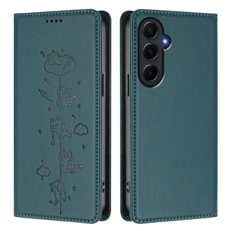 For Samsung Galaxy A55 5G Cute Cats Embossed Magnetic RFID Vegan Leather Phone Case