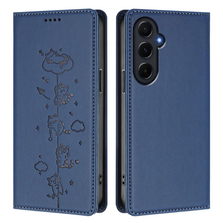 For Samsung Galaxy A55 5G Cute Cats Embossed Magnetic RFID Vegan Leather Phone Case