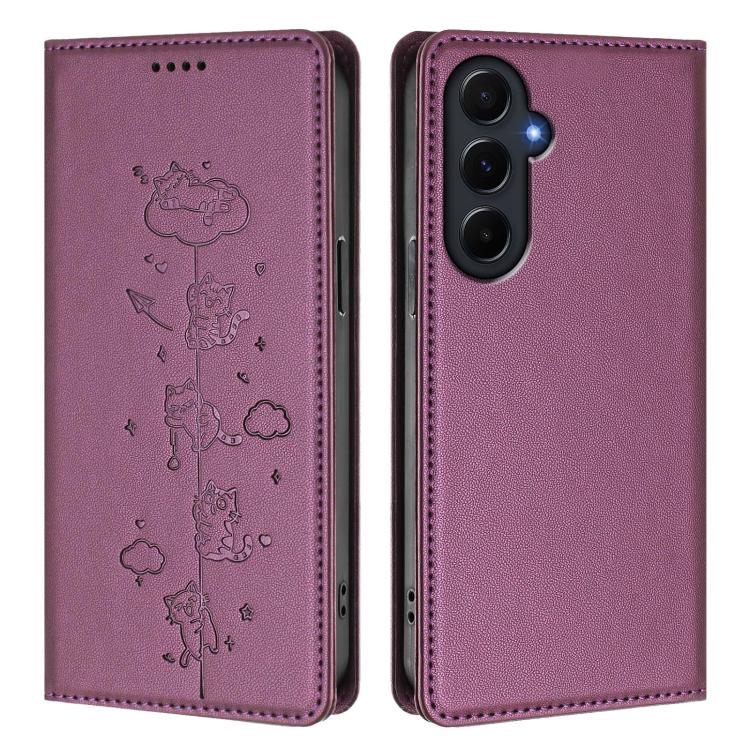 For Samsung Galaxy A55 5G Cute Cats Embossed Magnetic RFID Vegan Leather Phone Case