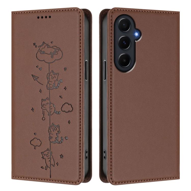For Samsung Galaxy A55 5G Cute Cats Embossed Magnetic RFID Vegan Leather Phone Case