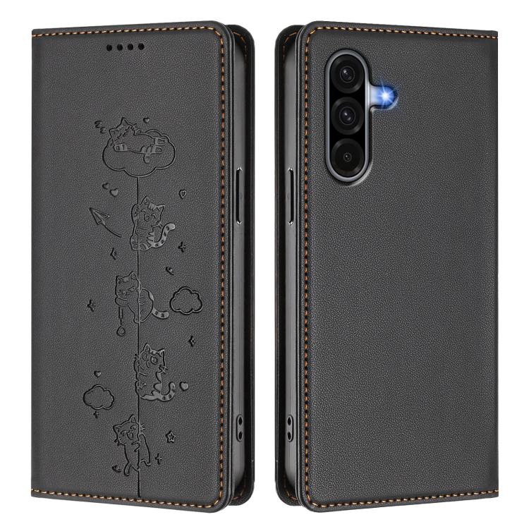 For Samsung Galaxy A56 5G Cute Cats Embossed Magnetic RFID Vegan Leather Phone Case