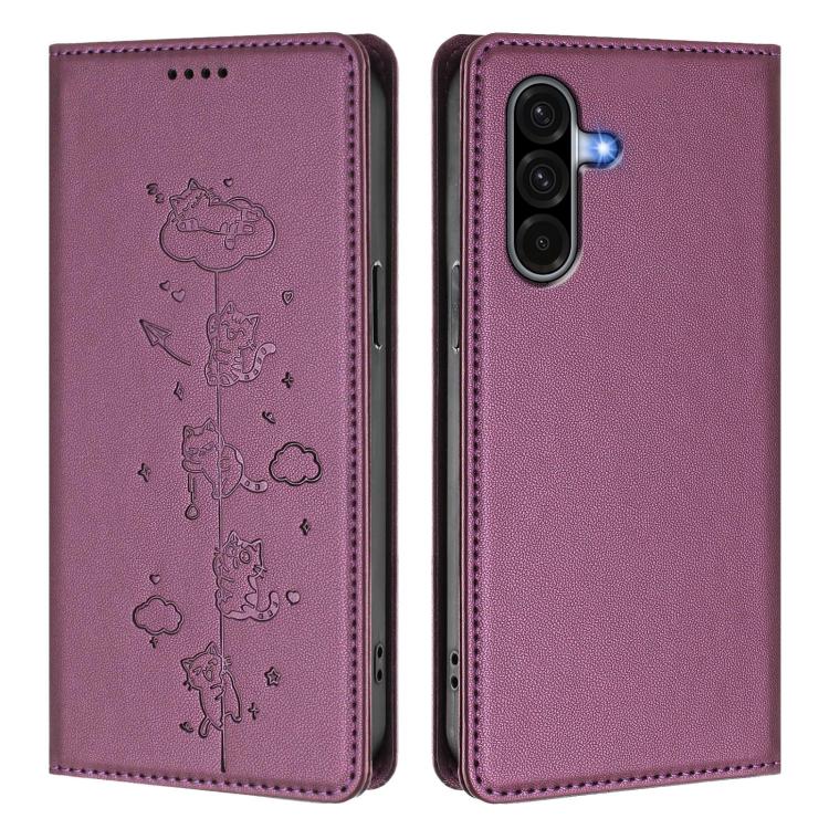 For Samsung Galaxy A56 5G Cute Cats Embossed Magnetic RFID Vegan Leather Phone Case