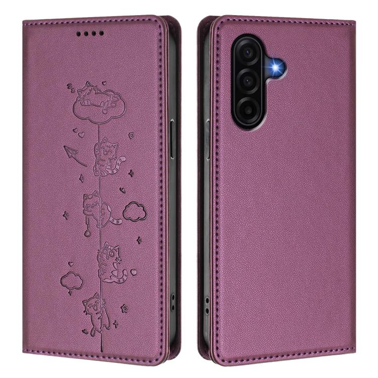 For Samsung Galaxy A57 5G Cute Cats Embossed Magnetic RFID Vegan Leather Phone Case