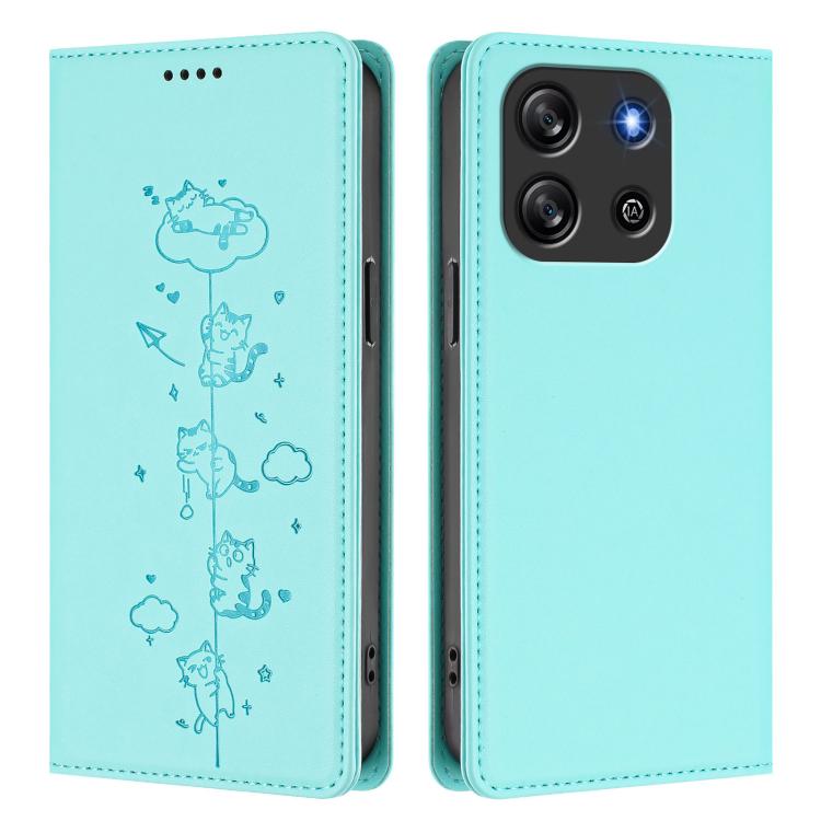 For Blackview Oscal Flat 1C Cute Cats Embossed Magnetic RFID Vegan Leather Phone Case
