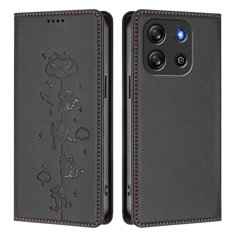 For Blackview Oscal Flat 1C Cute Cats Embossed Magnetic RFID Vegan Leather Phone Case