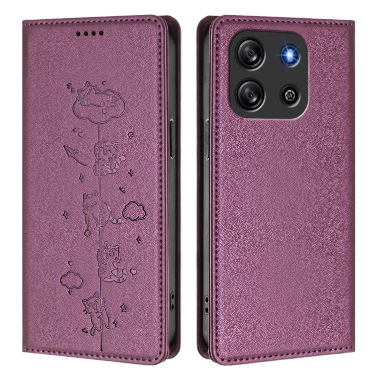 For Blackview Oscal Flat 1C Cute Cats Embossed Magnetic RFID Vegan Leather Phone Case