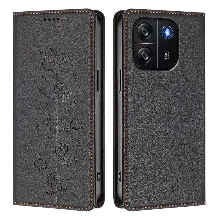 For Blackview Wave 6C Cute Cats Embossed Magnetic RFID Vegan Leather Phone Case