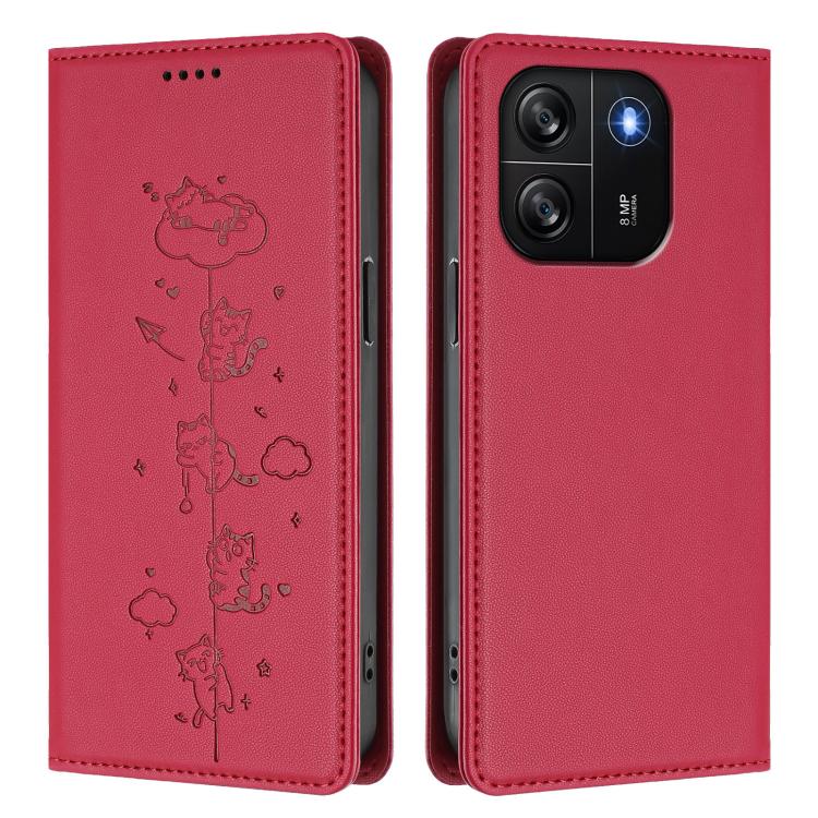 For Blackview Wave 6C Cute Cats Embossed Magnetic RFID Vegan Leather Phone Case