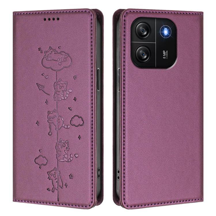 For Blackview Wave 6C Cute Cats Embossed Magnetic RFID Vegan Leather Phone Case