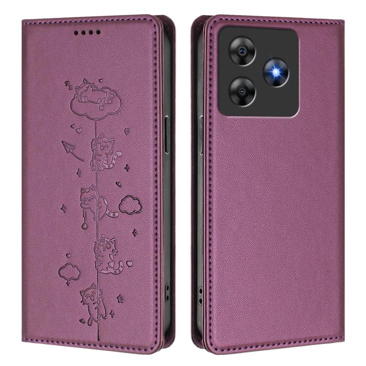 For Blackview Wave 8 / Wave 8C / Oscal Flat 2 Cute Cats Embossed Magnetic RFID Vegan Leather Phone Case
