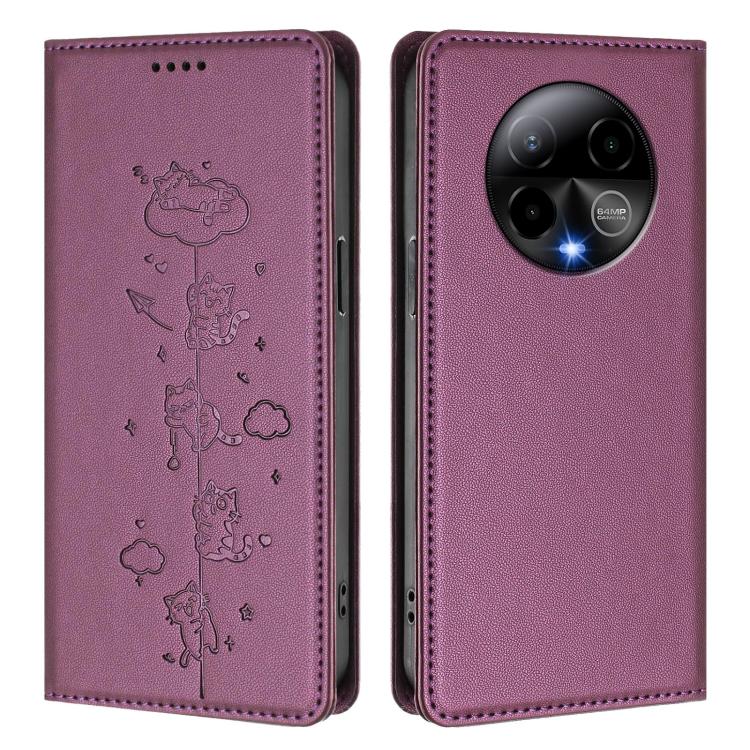 For BLU Bold K50 Cute Cats Embossed Magnetic RFID Vegan Leather Phone Case