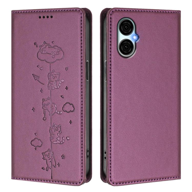 For BLU G53 Cute Cats Embossed Magnetic RFID Vegan Leather Phone Case