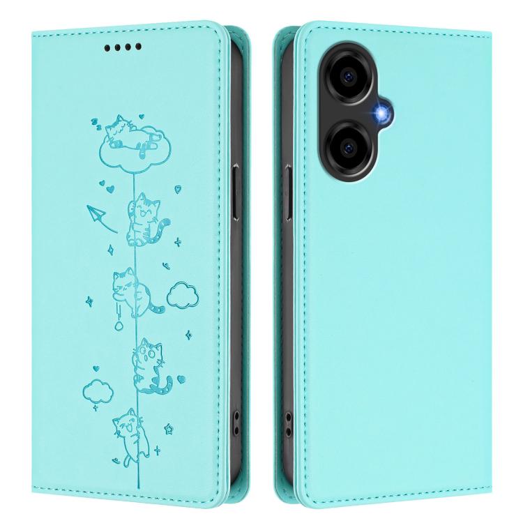 For BLU G64 Cute Cats Embossed Magnetic RFID Vegan Leather Phone Case