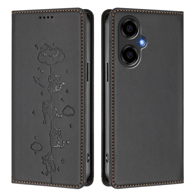 For BLU G64 Cute Cats Embossed Magnetic RFID Vegan Leather Phone Case