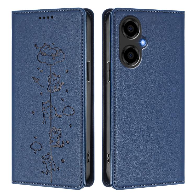 For BLU G64 Cute Cats Embossed Magnetic RFID Vegan Leather Phone Case