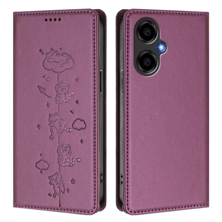 For BLU G64 Cute Cats Embossed Magnetic RFID Vegan Leather Phone Case
