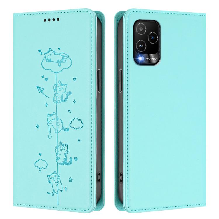 For BLU View 5 Pro Cute Cats Embossed Magnetic RFID Vegan Leather Phone Case