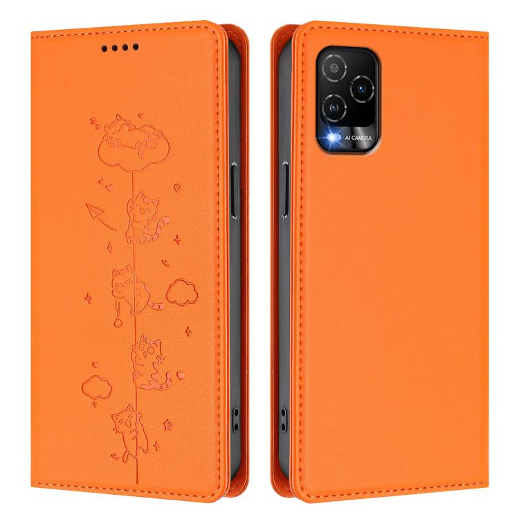 For BLU View 5 Pro Cute Cats Embossed Magnetic RFID Vegan Leather Phone Case